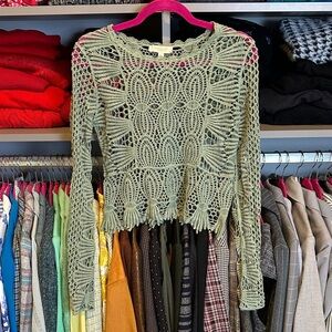 Rebellion Again sage long sleeve crocheted top size XS